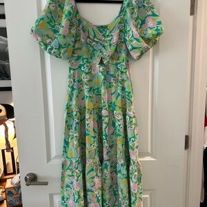 Tropical Floral Midi Dress in Green and Pink